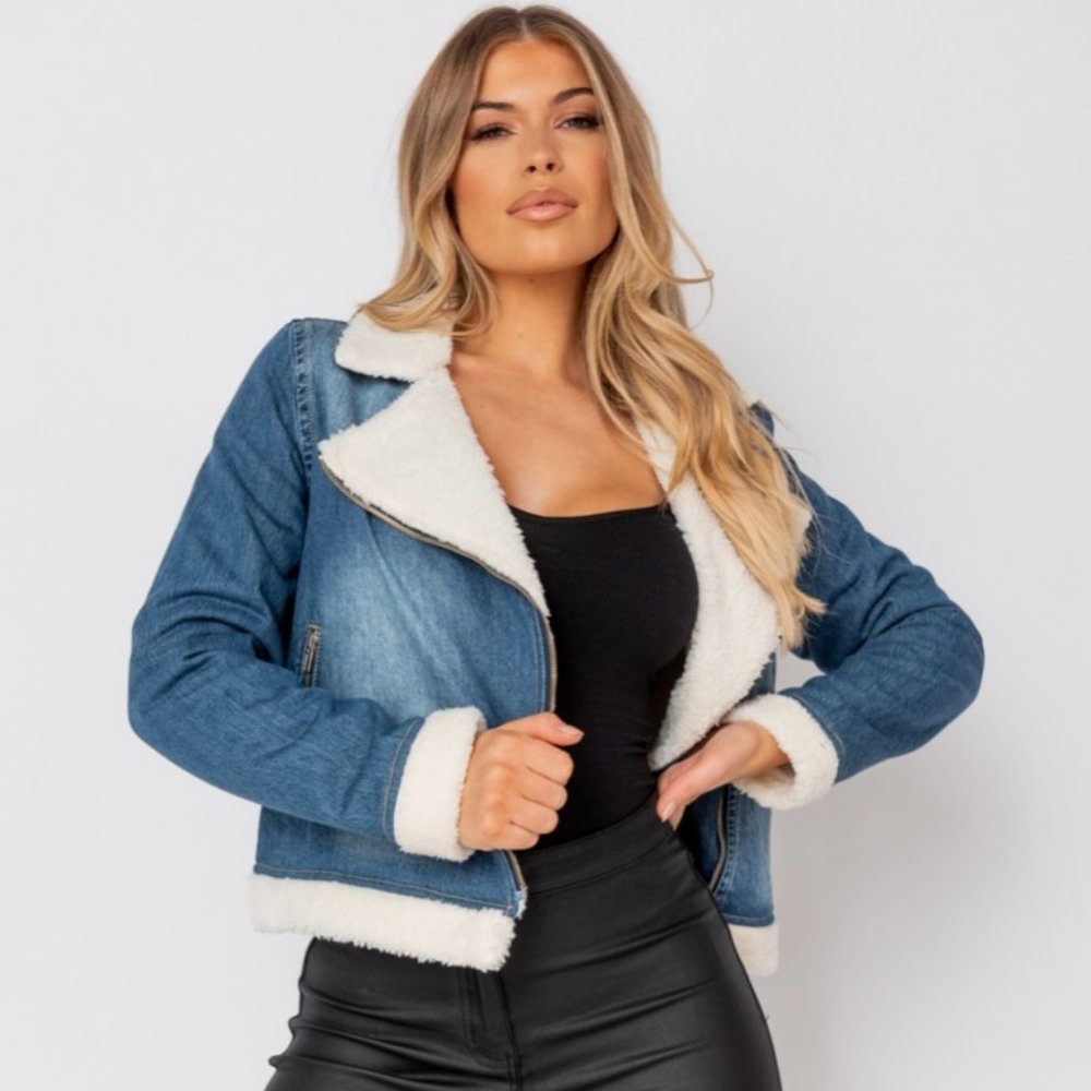 Denim and Teddy Bear Fur Long Sleeve Biker Jacket - Picture 7 of 13